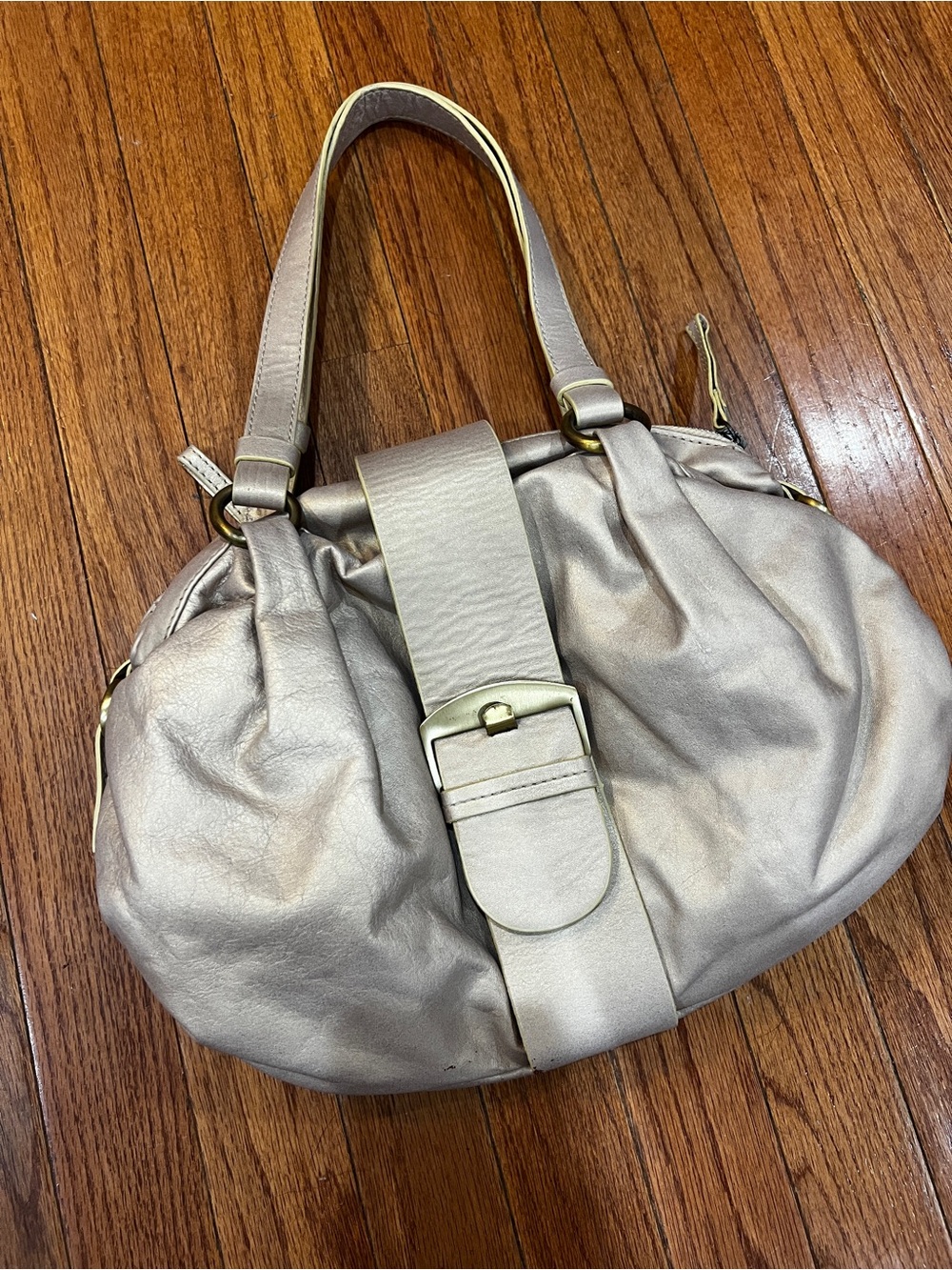 Michael Rome Designs Metallic Cream Leather Shoulder Bag with Buckle Strap
